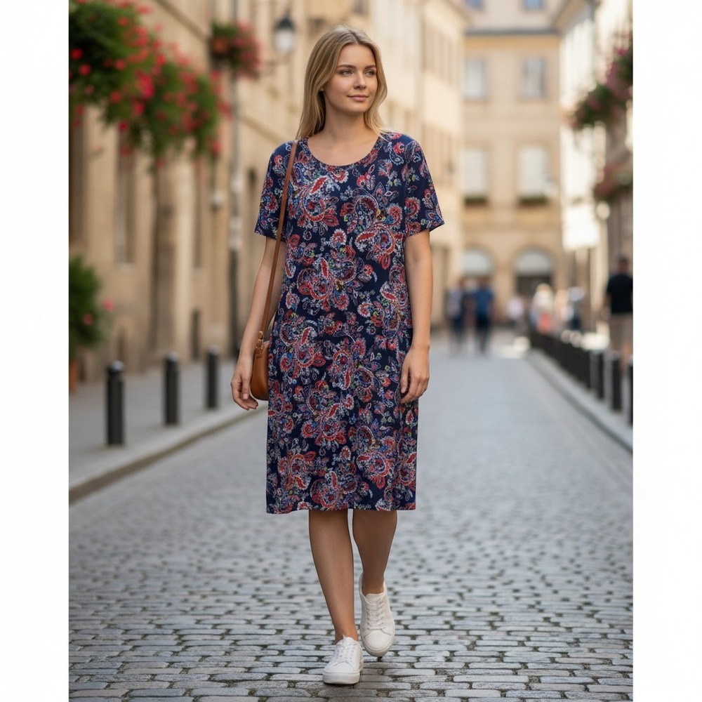 Premise Dresses Woman 2X Navy Blue Paisley Shift Dress Short Sleeve Scoop Neck